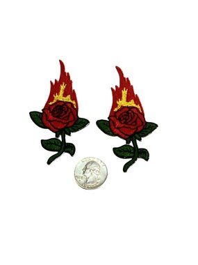 2 Pc Embroidered Multi Color Patch Flaming Rose Fabric Iron/Sew On New 3.5"X 2"